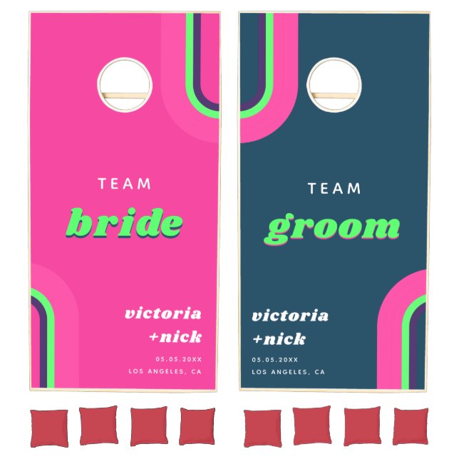 Retro Groovy Hot Pink Team Bride Groom Wedding Cornhole Set (Set)