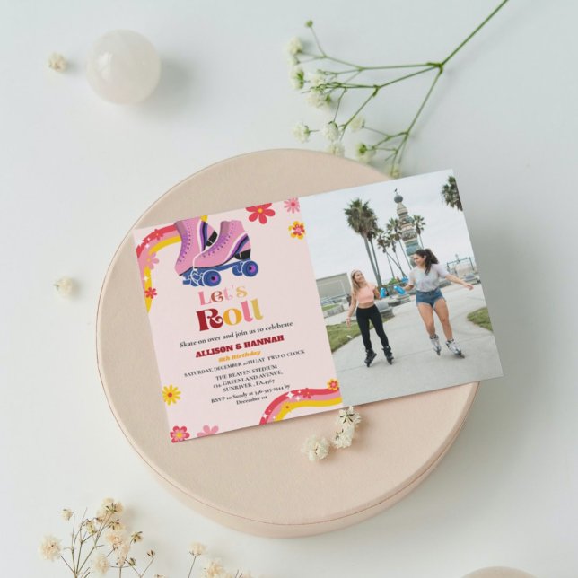 Retro groovy Ice Skating Twin Birthday let's roll Announcement (Creator Uploaded)