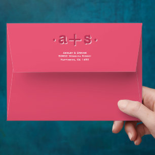 Retro groovy initials hot pink, magenta wedding envelope