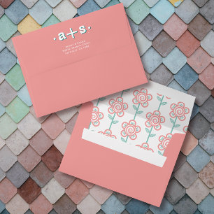 Retro groovy initials pink, aqua wedding envelope