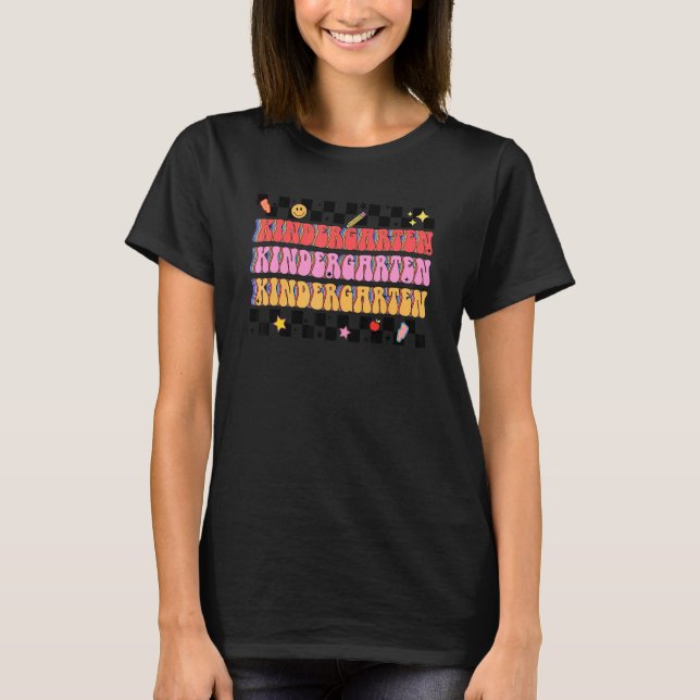 Retro Groovy Kindergarten Teacher Kinder Squad Wom T-Shirt (Front)