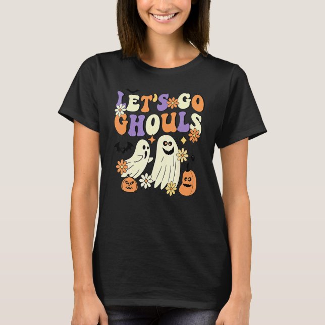 Retro Groovy Let's Go Ghouls Floral Ghost Hippie H T-Shirt (Front)