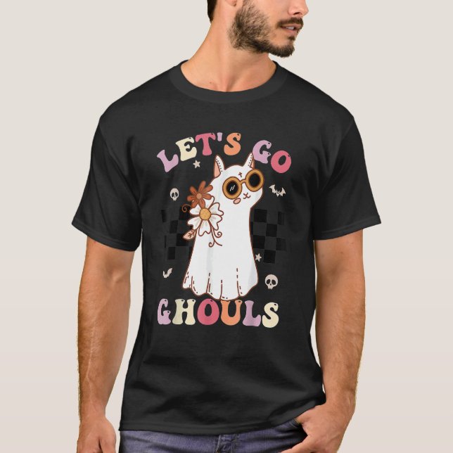 Retro Groovy Let's Go Ghouls Halloween Ghost Cat C T-Shirt (Front)