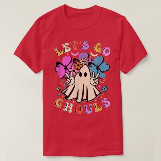 Retro Groovy Let's Go Ghouls Halloween Ghost Flora T-Shirt (Design Front)