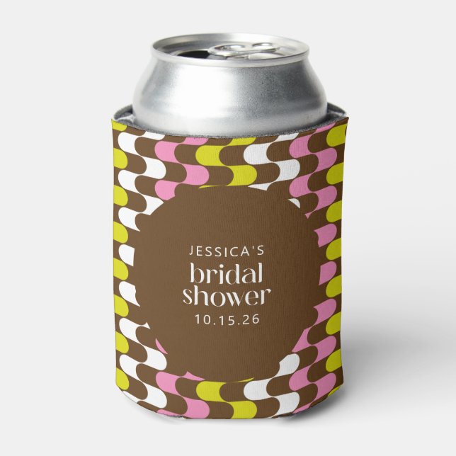 Retro Groovy Lime Pink and Brown Bridal Shower Can Cooler (Can Front)