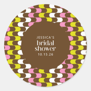Retro Groovy Lime Pink and Brown Bridal Shower Classic Round Sticker