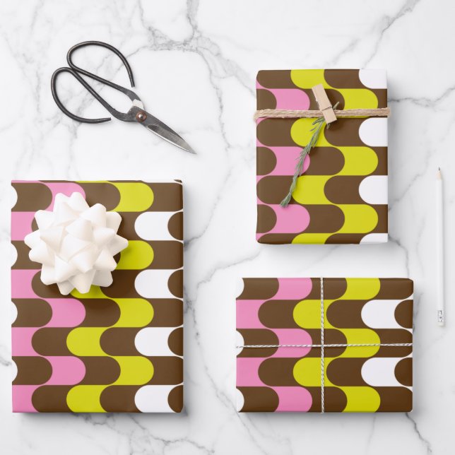 Retro Groovy Lime Pink Brown Abstract Art Pattern Wrapping Paper Sheets (Front)