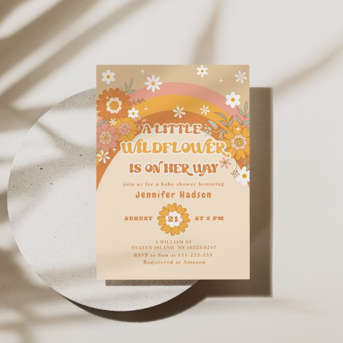 Retro groovy little wildflower baby shower invitation