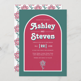 Retro groovy magenta and teal 70s inspired wedding invitation