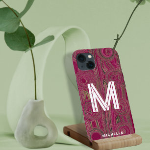 Retro Groovy Magenta Pink Gold Glitter Monogram iPhone 13 Case