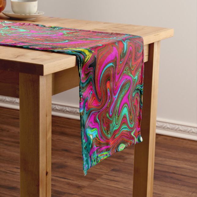 Retro Groovy Magenta, Red and Blue Abstract Art Long Table Runner (In Situ)