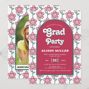 Retro groovy magenta, teal flowers 70s Graduation Invitation