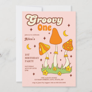 Retro Groovy Magic Hippie Mushroom 1st Birthday Invitation