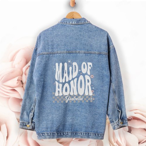 Retro Groovy Maid of Honor Gift Personalized Name Denim Jacket