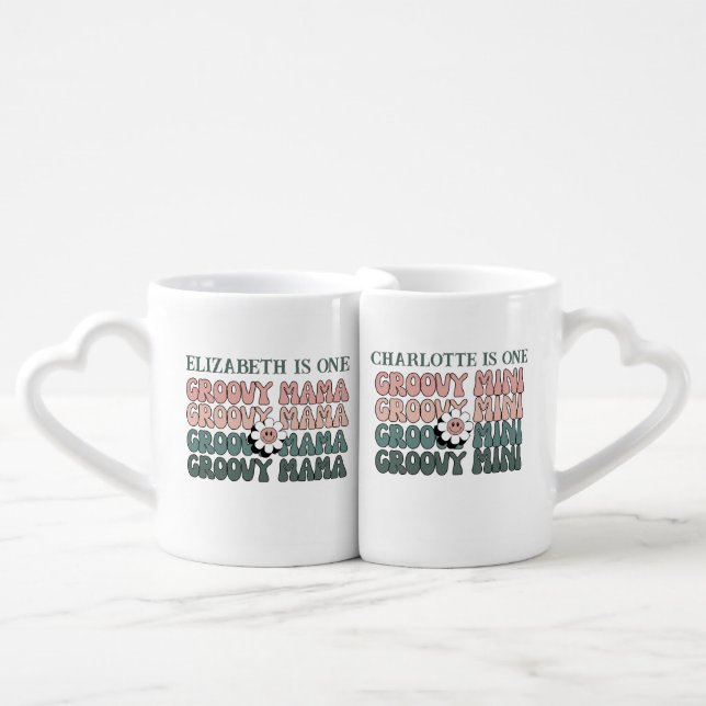 Retro Groovy Mama & Mini Mom Daughter Names  Coffee Mug Set (Front Nesting)