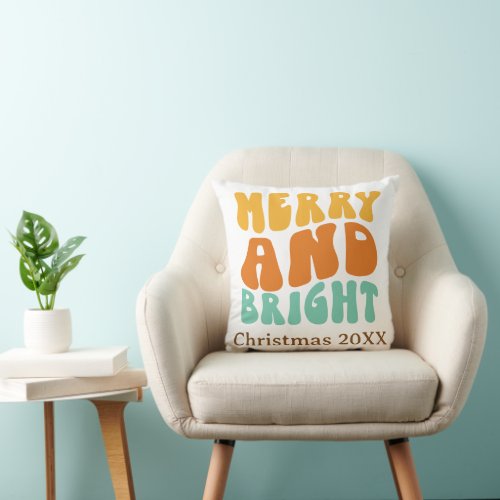 Retro Groovy Merry and Bright Christmas Holiday Throw Pillow