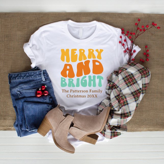 Retro Groovy Merry and Bright Women's Christmas  T-Shirt (Creator Uploaded)