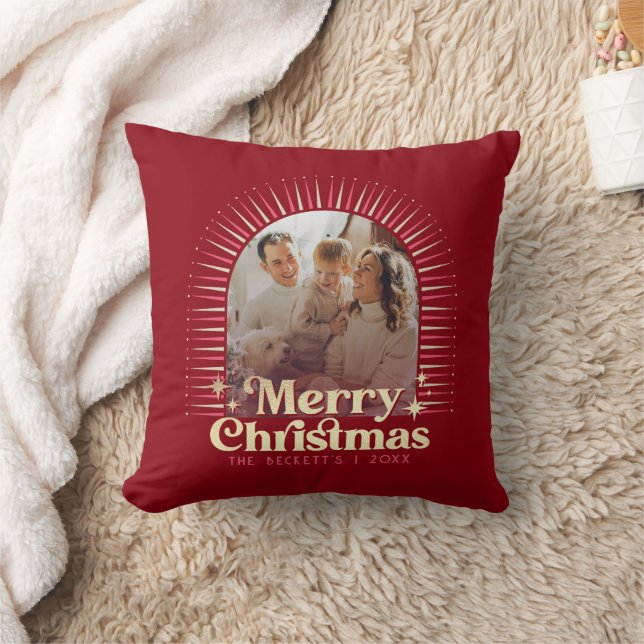 Retro Groovy Merry Christmas Family Photo Throw Pillow (Blanket)