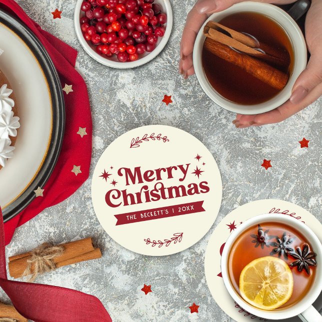Retro Groovy Merry Christmas Holiday Round Paper Coaster (Creator Uploaded)