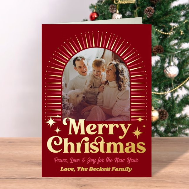 Retro Groovy Merry Christmas Photo Real Foil Holiday Card (Creator Uploaded)