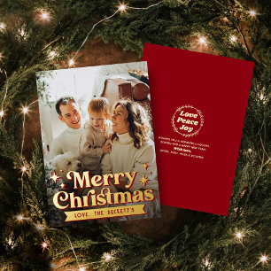 Retro Groovy Merry Christmas Photo Real Foil Holiday Card