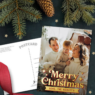 Retro Groovy Merry Christmas Photo Real Foil Holiday Postcard