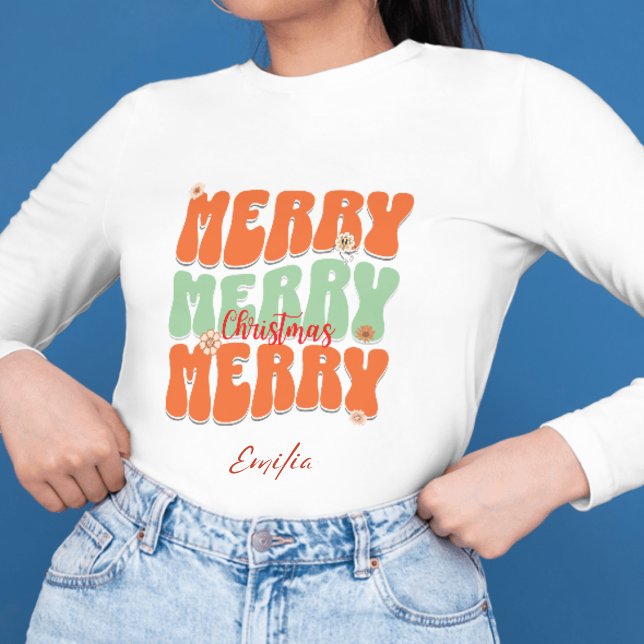 Retro Groovy Merry Christmas Script Orange Name Sweatshirt (Creator Uploaded)