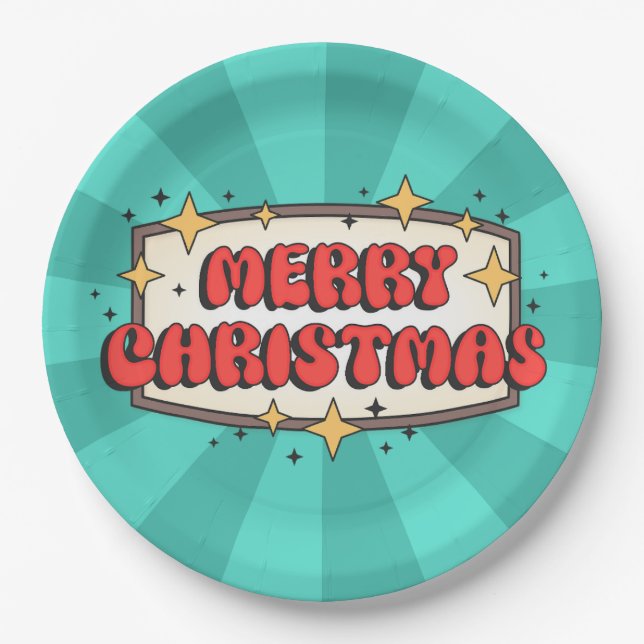 Retro groovy merry christmas text  paper plates (Front)