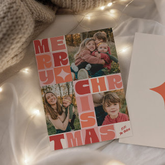 Retro Groovy Merry Christmas Thre Photo Collage Holiday Card