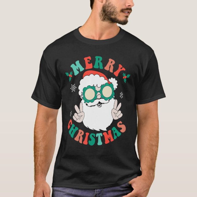 Retro Groovy Merry Christmas Winter Santa Claus Ho T-Shirt (Front)