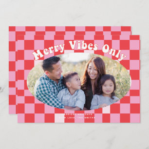Retro Groovy Merry Vibes Only with Buffalo Plaid Invitation