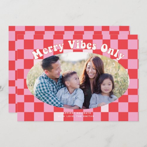 Retro Groovy Merry Vibes Only with Buffalo Plaid  Invitation