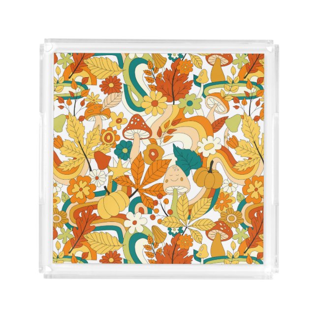 Retro Groovy Mushroom Flower Pattern Acrylic Tray (Front)