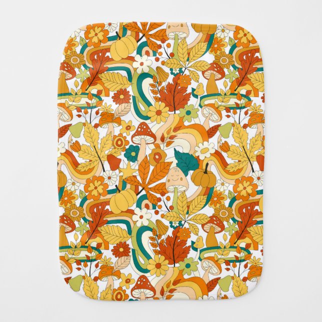 Retro Groovy Mushroom Flower Pattern Baby Burp Cloth (Front)