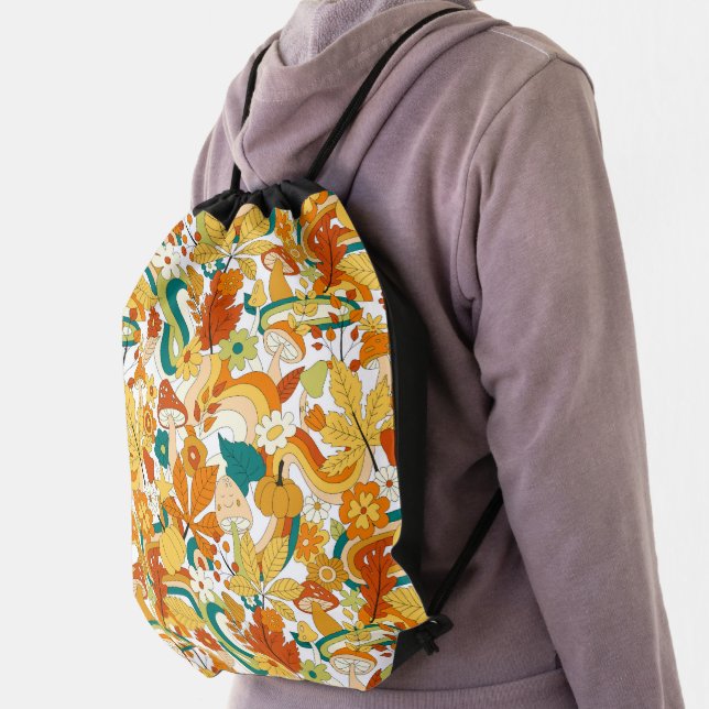 Retro Groovy Mushroom Flower Pattern Drawstring Bag (Insitu)