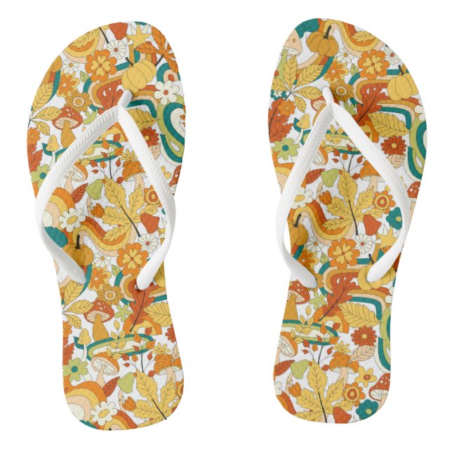 Retro Groovy Mushroom Flower Pattern Flip Flops (Footbed)