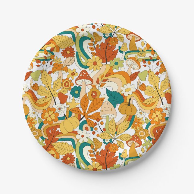 Retro Groovy Mushroom Flower Pattern Paper Plates (Front)