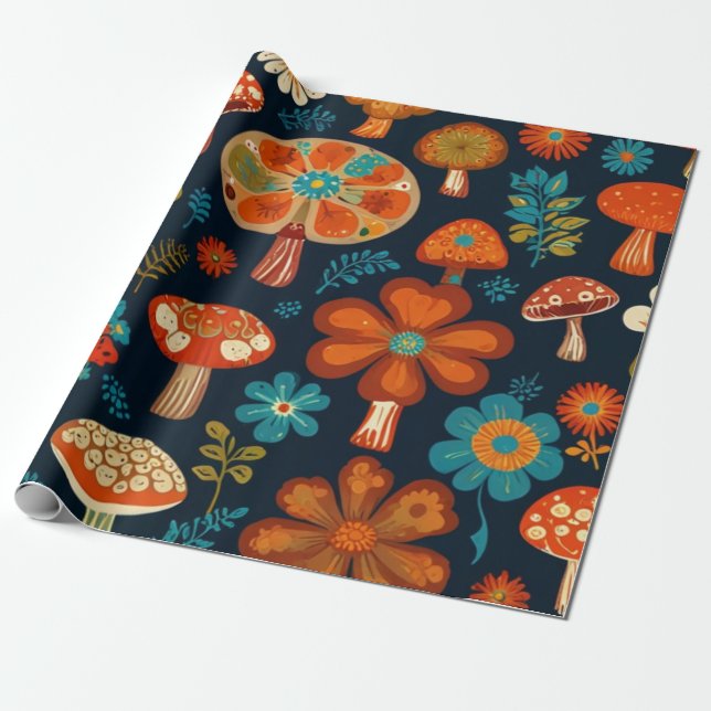 Retro Groovy Mushroom Flower Pattern Wrapping Paper (Unrolled)
