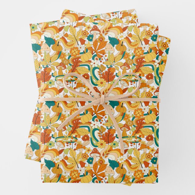 Retro Groovy Mushroom Flower Pattern Wrapping Paper Sheets (In situ)