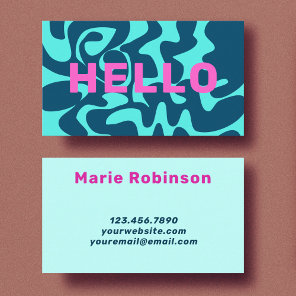 Retro Groovy Navy Blue Aqua Pink Hello Business Card