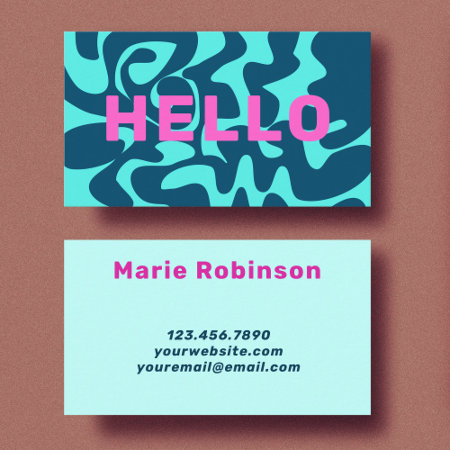 Retro Groovy Navy Blue Aqua Pink Hello Business Card