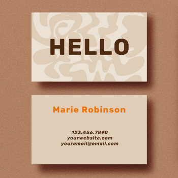Retro Groovy Neutral Beige Brown Hello Business Card by TabbyGun at Zazzle