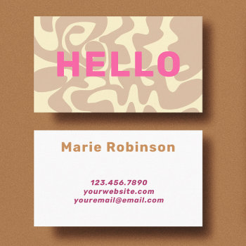 Retro Groovy Neutral Beige Cream Pink Hello Business Card by TabbyGun at Zazzle