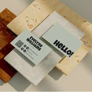 Retro Groovy Neutral Sage Green QR Code Hello Boho Business Card