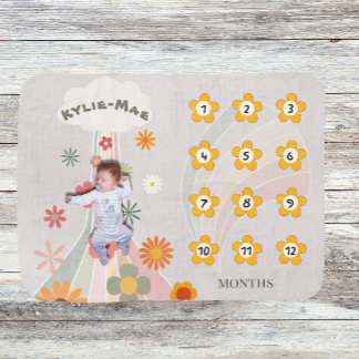 Retro Groovy Newborn Growth Tracker Milestone  Baby Blanket