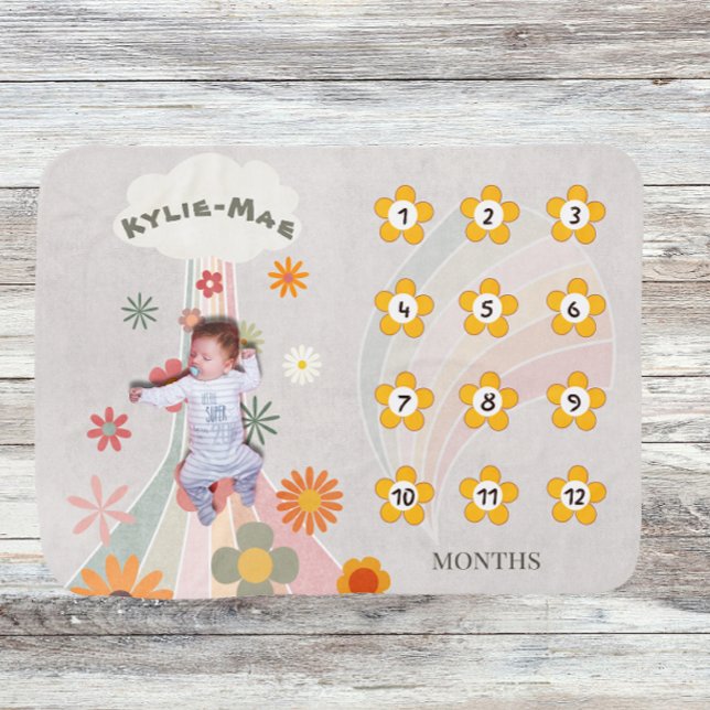 Retro Groovy Newborn Growth Tracker Milestone  Baby Blanket (Creator Uploaded)