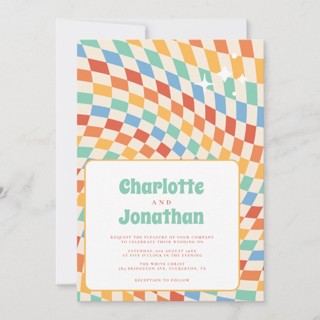Retro Groovy Nostalgia Bright Wedding Invitation (Front)