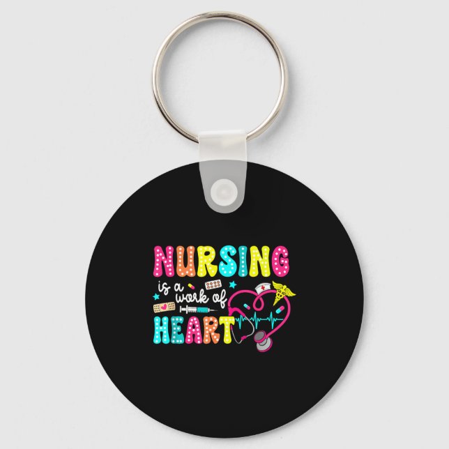 Retro Groovy Nursing Is A Work Of Heart Funny Nurs Keychain (Front)