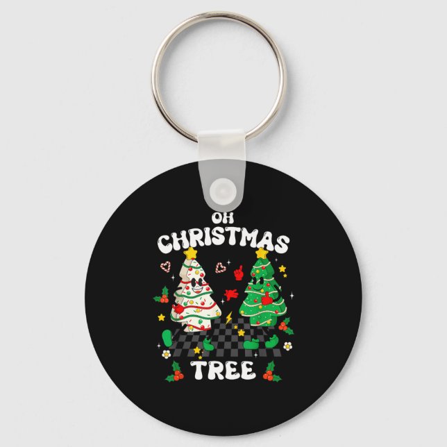 Retro Groovy Oh Christmas Tree Cake Pajamas Xmas K Keychain (Front)