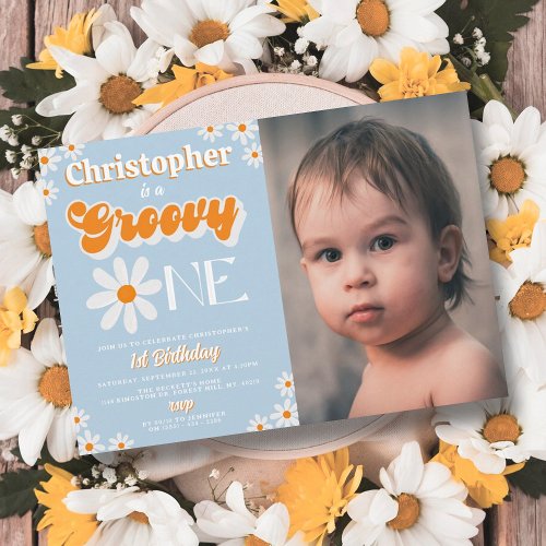 Retro Groovy One Boys 1st Birthday Photo Invitation